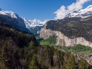Panoramic view of Lauterbrunnen, the Staubbach fall and the Lauterbrunnen Wall.