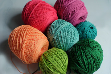 Colored cotton yarn reels that are used as knitted handicraft materials