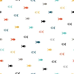 Fotobehang Scandinavische stijl Kleine vissen naadloze patroon. Achtergrond voor kinderen met Hand getrokken Doodle Cute Fish. Cartoon zeedieren Vector illustratie in Scandinavische stijl