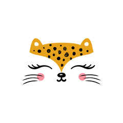 T-shirt print design for kids with little cute leopard cat. Doodle kitten face. Cartoon Animal vector illustration. Scandinavian print or poster design, Baby shower greeting card.