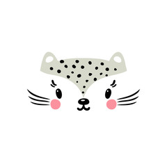 T-shirt print design for kids with little cute leopard cat. Doodle kitten face. Cartoon Animal vector illustration. Scandinavian print or poster design, Baby shower greeting card.
