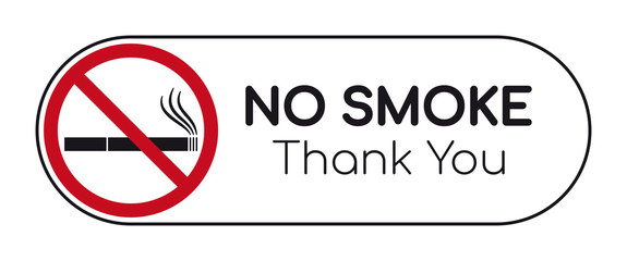Vector red circle sign - silhouette cigarette. Text NO SMOKE, THANK YOU. Isolated on white background.