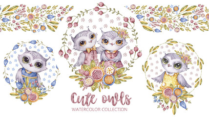 Nursery Watercolor cute family owls in boho style. Hand painted watercolour Funny cartoon animals character. Baby boy and girl t shirt print with handpainted birds.