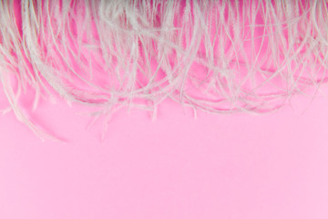 Feathers on a pink background. flat lay. Ostrich feathers. Glamor and style. Place for writing. The feathers are gray.