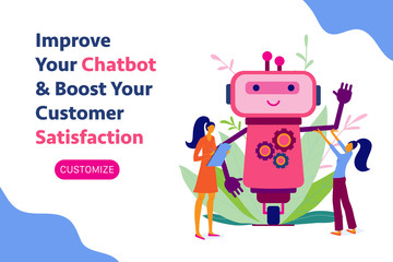 Chatbot, chat bot, robot development, automation, customisation services landing page, banner design with cute funny robot and two women, female developers, flat style vector illustration
