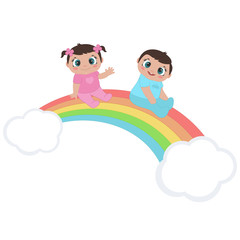 Cute baby boy and girl sitting on colorful rainbow