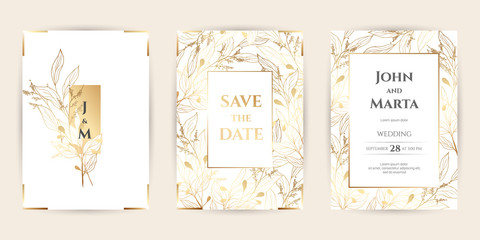 Wedding Invitation with Gold Flowers. background with geometric golden frame. Cover design with an ornament of golden leaves.Trendy templates for banner, flyer, poster, greeting. eps10