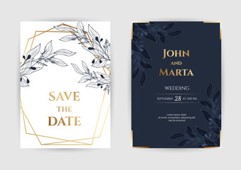 Naklejka na ściany i meble Wedding Invitation with Gold Flowers. background with geometric golden frame. Cover design with an ornament of golden leaves.Trendy templates for banner, flyer, poster, greeting. eps10