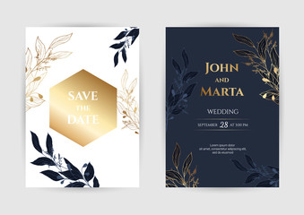 Wedding Invitation with Gold Flowers. background with geometric golden frame. Cover design with an ornament of golden leaves.Trendy templates for banner, flyer, poster, greeting. eps10