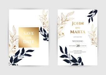 Wedding Invitation with Gold Flowers. background with geometric golden frame. Cover design with an ornament of golden leaves.Trendy templates for banner, flyer, poster, greeting. eps10