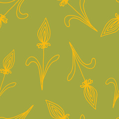 Floral seamless pattern in line art style.  Abstract botanical print of flowers, leaves, twigs. Textile design texture. Spring blossom background. Vector illustration.