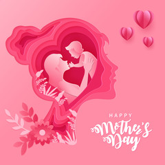 Happy Mother's day. Greeting card illustration of mother and baby   inside paper cut woman head