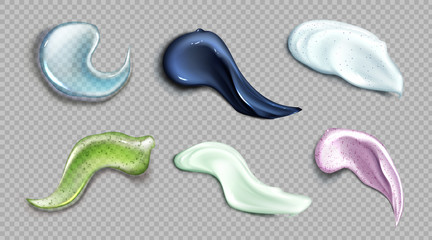 Cosmetic cream and scrub smear realistic set of vector illustrations. Gel, scrub with small particles and grains, cosmetic face mask or serum texture smudge swatch isolated on transparent background