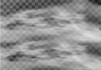 Schilderijen op glas Fog or smoke realistic texture vector illustration. White steam cloud or mist on a dark transparent background, natural effect isolated border © klyaksun