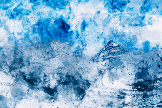 Abstract painting of mountain in blue tone, Digital painting