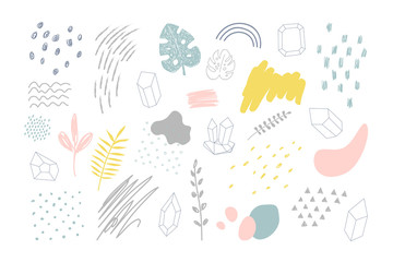 Collection of hand drawn elements. Abstract background. Set of various dots, plants, crystals, lines, doodles for your designs.