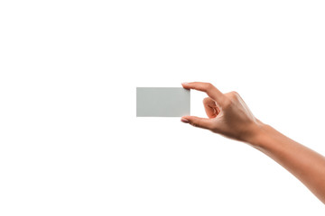 cropped view of girl holding empty card isolated on white