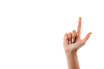 cropped view of girl pointing with finger isolated on white
