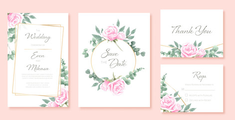 Beautiful watercolor set of wedding card templates. Decorated with roses and wild leaves.