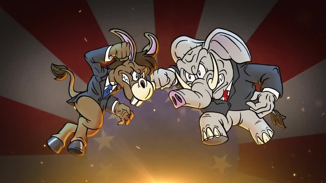 Cartoon Democrat Donkey vs Republican Elephant Epic Fight