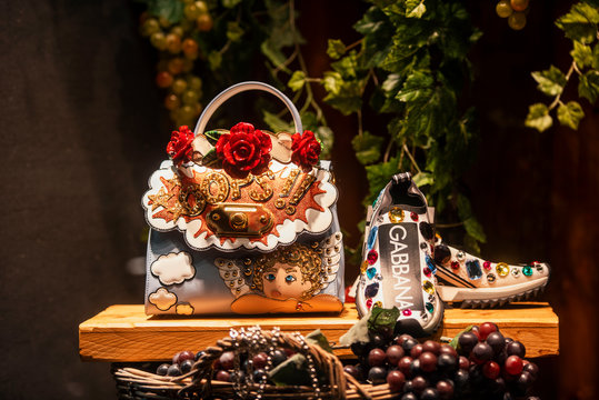 September 22, 2018: Milan, Italy -  Luxury Dolce Gabbana shoes and handbag in a store in Milan
