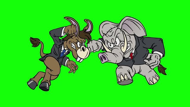 Cartoon Democrat Donkey vs Republican Elephant on Green Screen