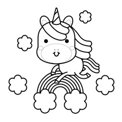 Fototapeta premium Cute magical unicorn, rainbow and clouds. Black and white vector illustration for coloring book
