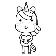 Cute magical unicorn holding red heart. Black and white vector illustration for coloring book
