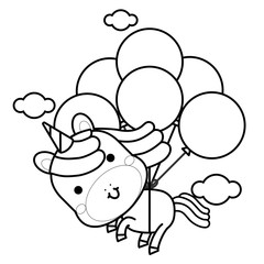 Cute magical unicorn flies with balloons on the clouds. Black and white vector illustration for coloring book