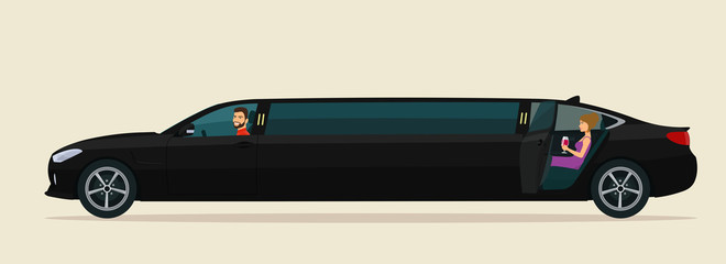 Limousine car with a driver, a man and a woman in the back seat with an open door. Vector flat style illustration. - obrazy, fototapety, plakaty