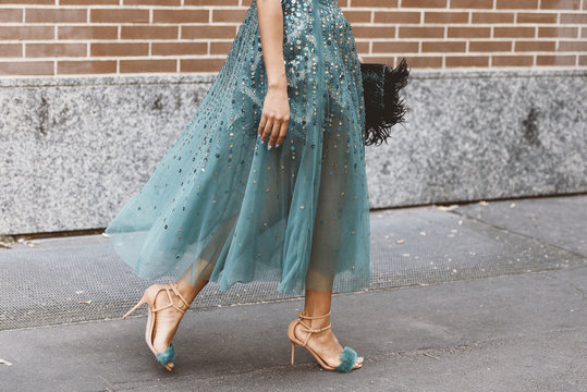 September 20, 2018: Milan, Italy -  Fancy And Fashionable Shoes In Detail During Milan Fashion Week - Street Style Concept - MFWSS19