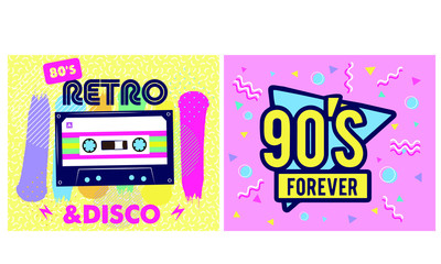 Retro party poster. Music of the nineties, vintage cassette tape and 90s style. invitation card dancing party time advertisement poster background illustration, Vector illustration in trendy 80-90s st