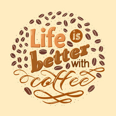 Vector lettering quote. Life is better with coffee. Shirt logo
