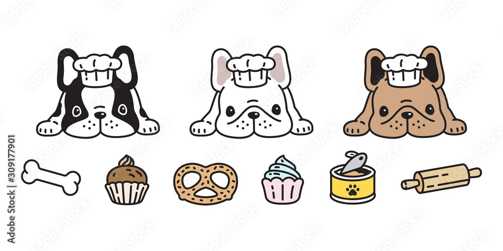 Wall mural dog vector french bulldog icon chef bakery cooking food bone puppy pet cartoon character cake symbol