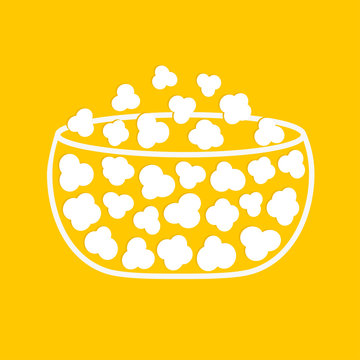 recommend clip art: Popcorn. Big white glass box. Cinema movie night line icon. Pop corn food. Flat design style. Yellow background. Isolated.