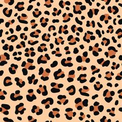 Leopard print pattern. Seamless vector background. Animal skin imitation texture. Black and brown spots on a beige background. Abstract repeating pattern. It can be used on clothes or fabric.
