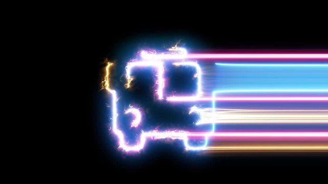 School bus symbol reveal. Blue, yellow, pink colors smoothly shimmer and form a neon electric number. Glowing motion wipes to center. 4K 60 fps video render footage.