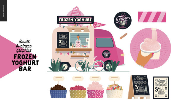 Frozen yoghurt bar - small business graphics - food truck -modern flat vector concept illustration of a dessert street food truck van, seller, menu, bicycle. Range of toppings, logo, menu, filling cup