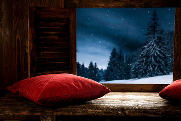 Window sill background of free space for your decoration and winter ladnscape of mountains. 