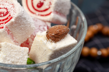 Bowl of traditional turkish lokum close up