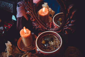 Magic scene, Mystical atmosphere, view of tarot card on the table, esoteric concept, fortune telling and predictions