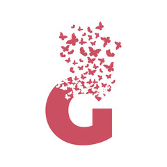 letter G with effect of destruction. Dispersion. Butterfly, moth
