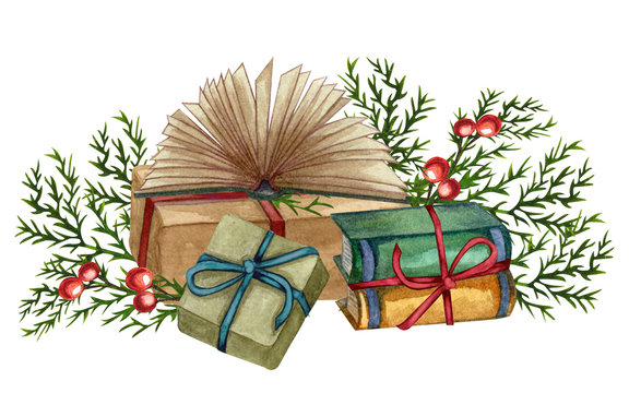 Watercolor Gift Boxes And A Pile Of Old Books With A Bow. Antique Objects. Christmas ClipArt. Hand Drawn Holiday Illustration.