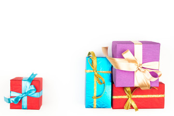 Big pile of colorful wrapped gift boxes isolated on white background. Mountain gifts. Beautiful present box with overwhelming bow. Christmas surprise icon. Happy new year decor, discounts, promotions.