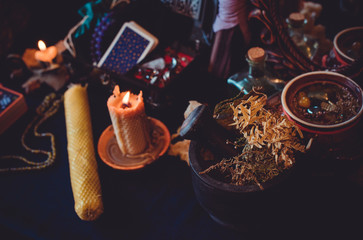 Magic scene, Mystical atmosphere, view of tarot card on the table, esoteric concept, fortune...