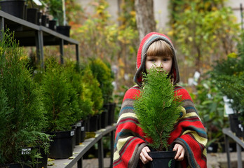 Obraz na płótnie Canvas beautiful little girl with blond hair in a bright poncho chooses a Christmas tree at the fair