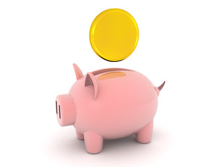 3D Rendering of piggy bank with gold coin about to be inserted