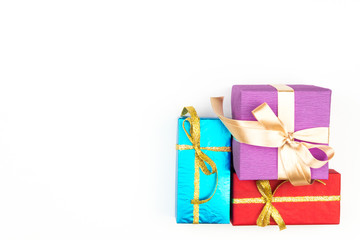 Big pile of colorful wrapped gift boxes isolated on white background. Mountain gifts. Beautiful present box with overwhelming bow. Christmas surprise icon. Happy new year decor, discounts, promotions.