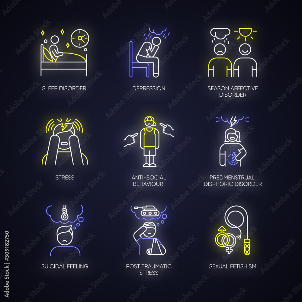 Sticker mental disorder neon light icons set. depression. season affective disorder. stress, ptsd. antisocia