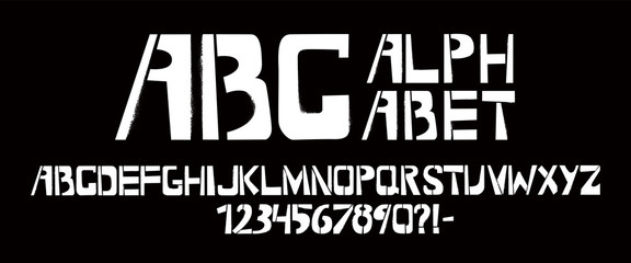 Stencil typeface with spray texture. Painted vector uppercase characters on black background. Typography alphabet for your designs: logo, typeface, card